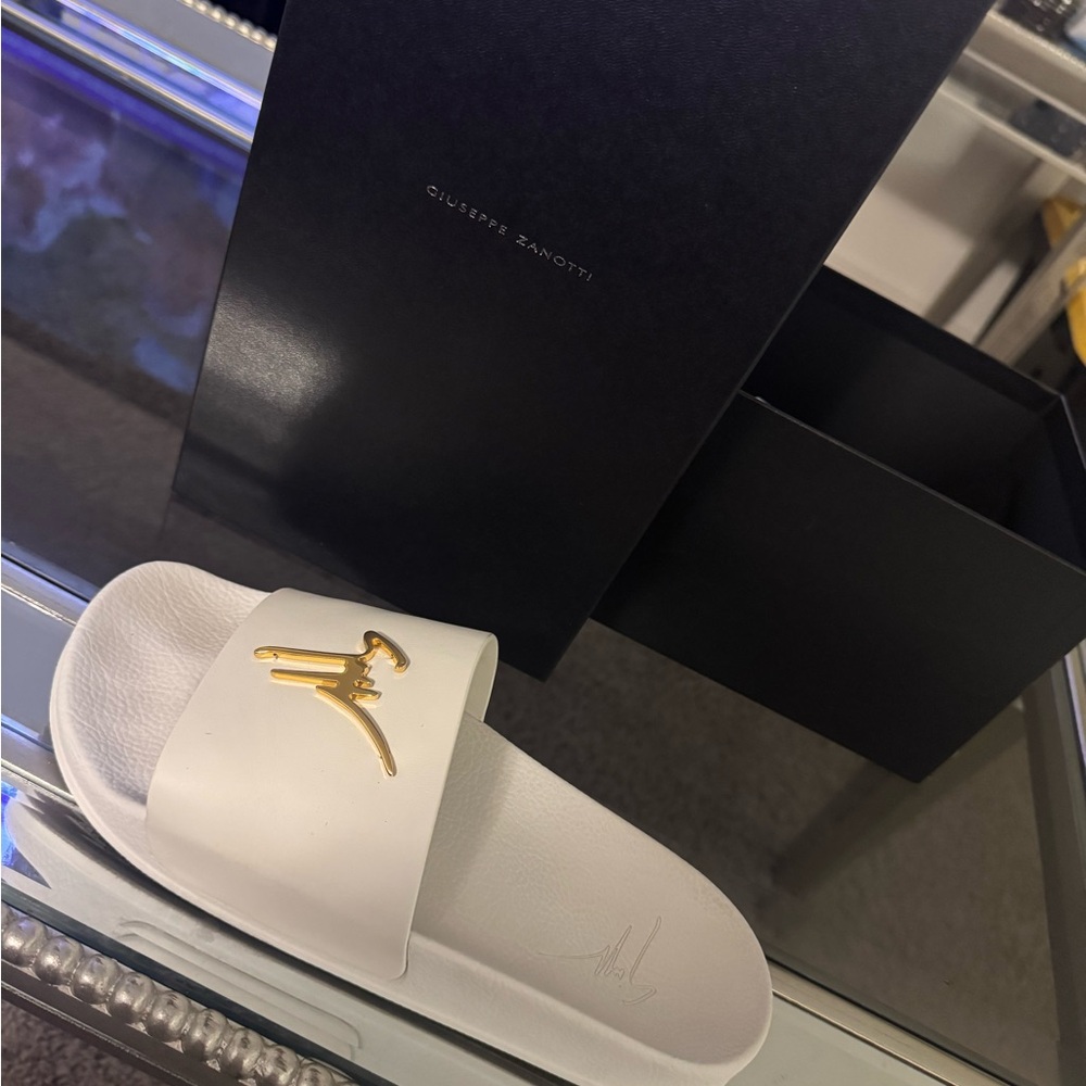 Giuseppe Zanotti White Slides with Gold Logo